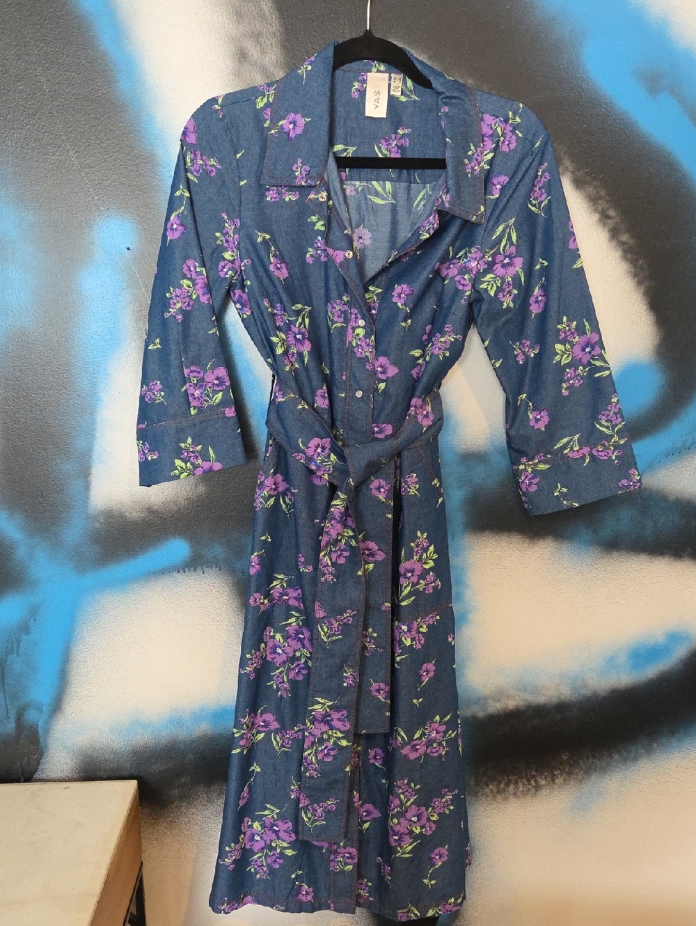 Lightweight Denim Floral Snap Button Dress with Self Tie/pockets